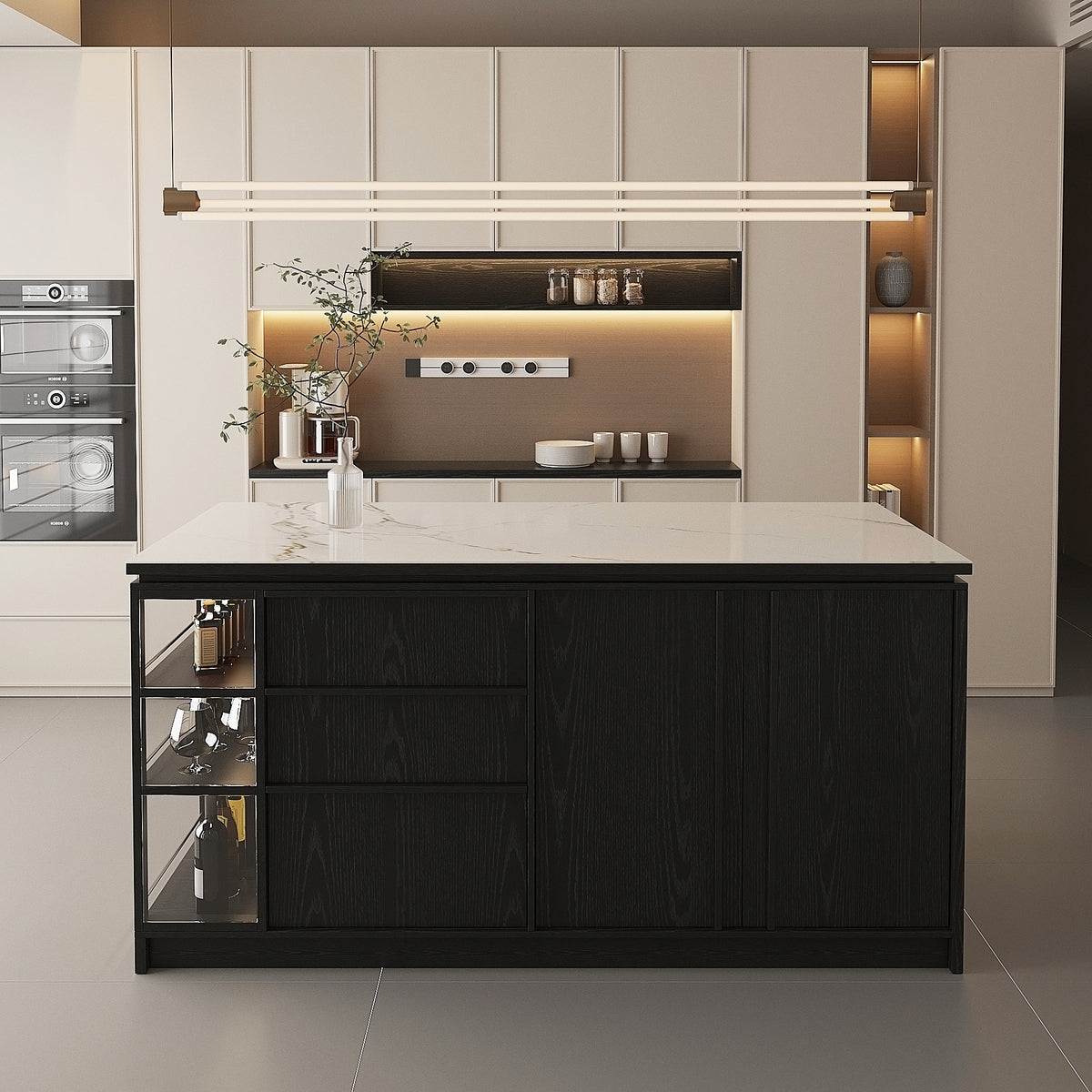 72'' Mid-Century Modern Kitchen Island with Storage, Drawers & Bar Seating – Walnut & Marble Look