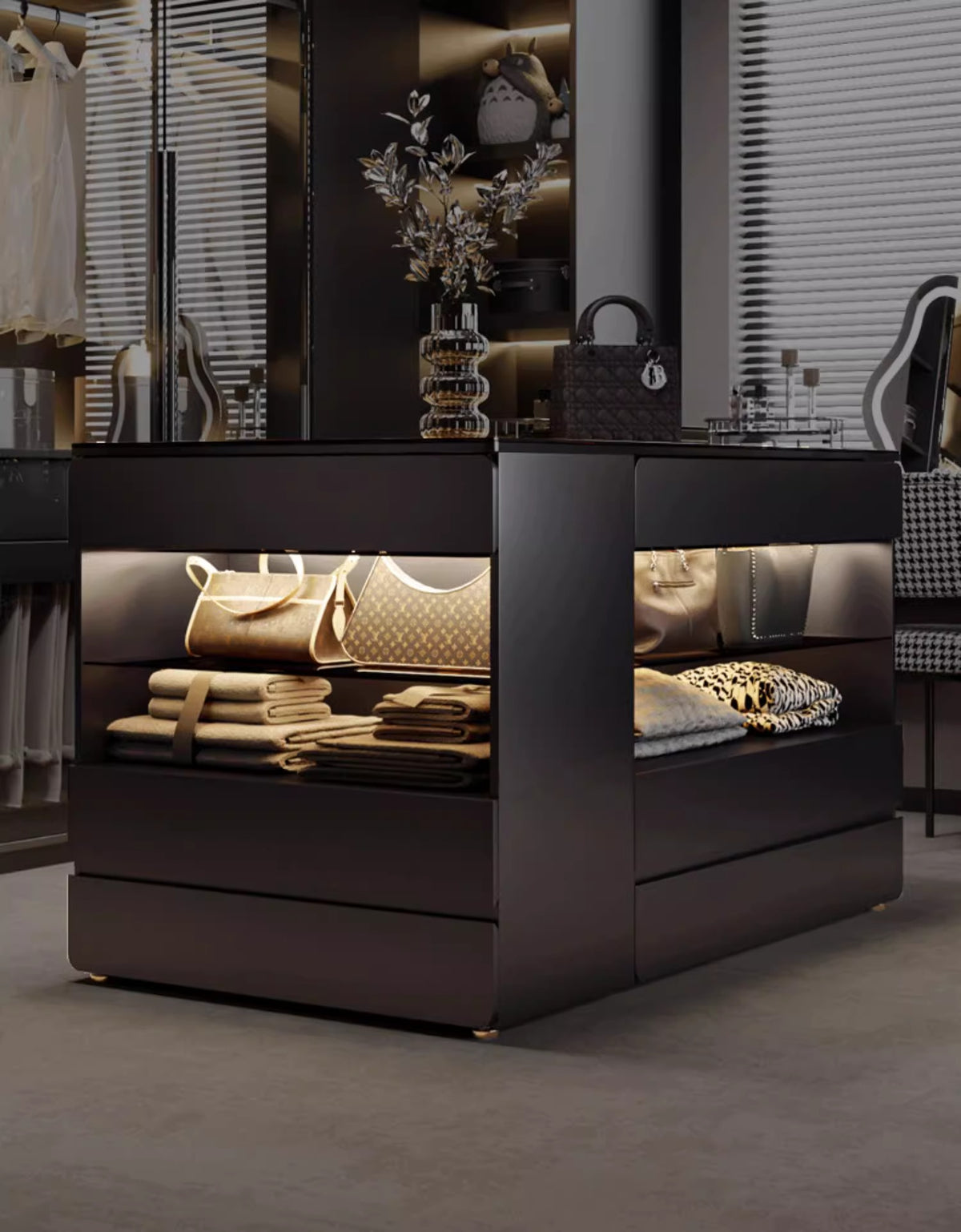 55" Glass Top Modern Dresser Walk-in Closet Island with Jewelry Storage and Light