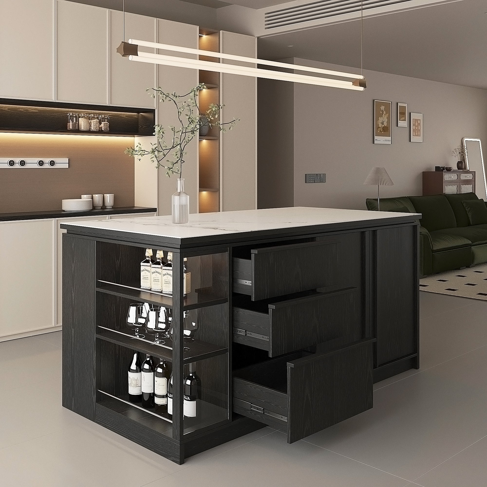 72'' Mid-Century Modern Kitchen Island with Storage, Drawers & Bar Seating – Walnut & Marble Look