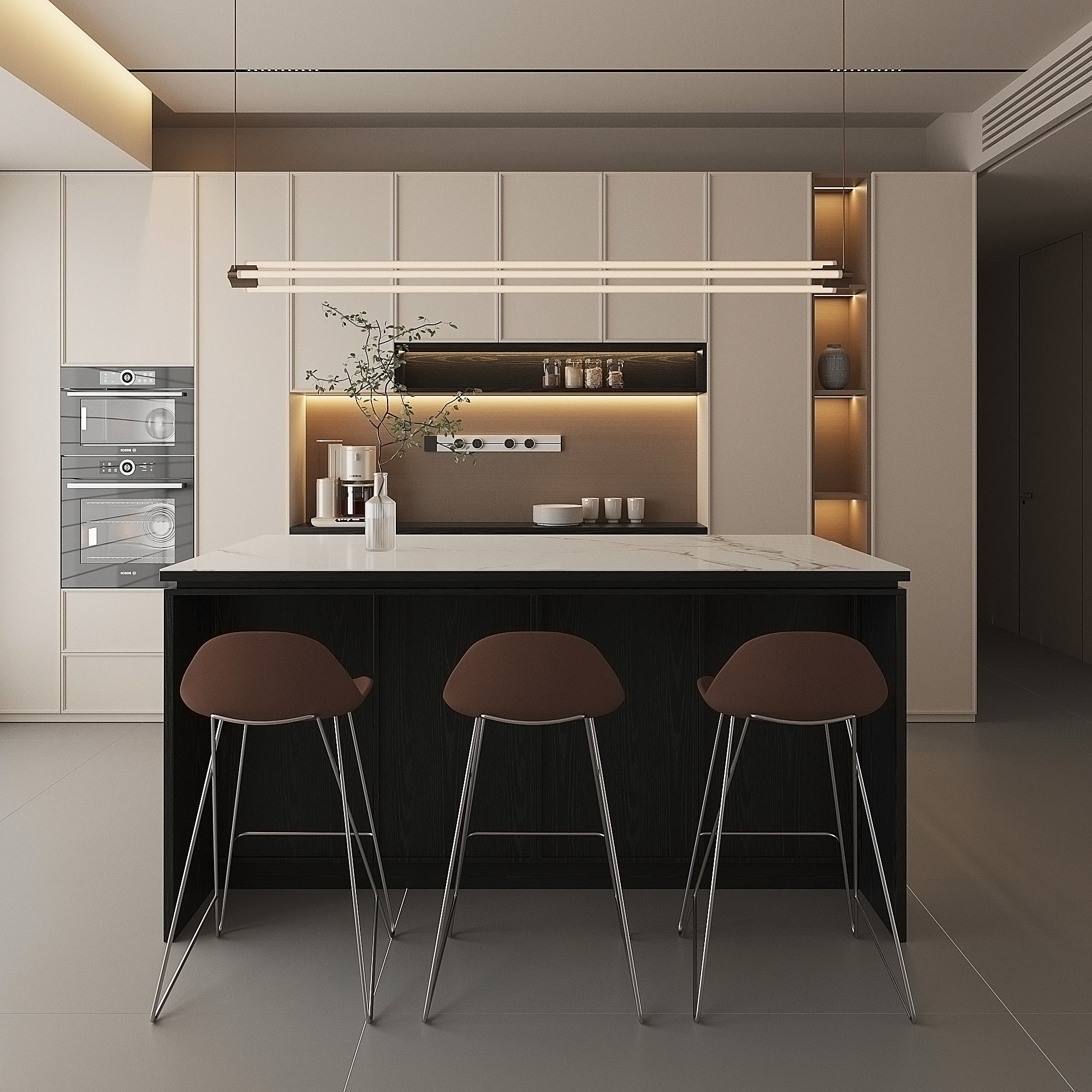 72'' Mid-Century Modern Kitchen Island with Storage, Drawers & Bar Seating – Walnut & Marble Look