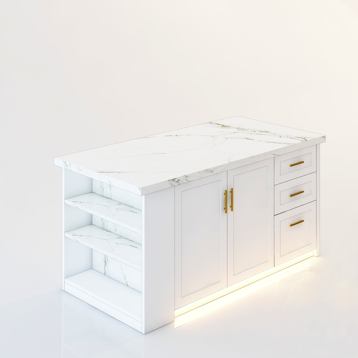 80 inch White Modern Kitchen island with Cabinets ,Bar, Electrical Outlet and Light