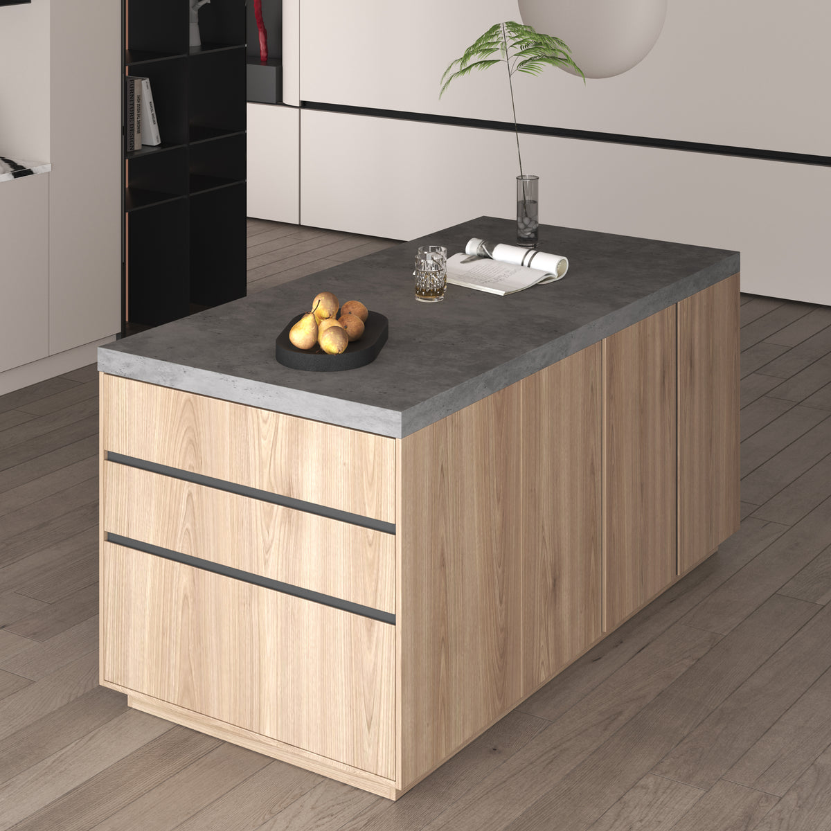 72 Inch Free Standing Kitchen Island with Gray Cement and Wood Finish, Featuring Three tiers and Generous Storage Space