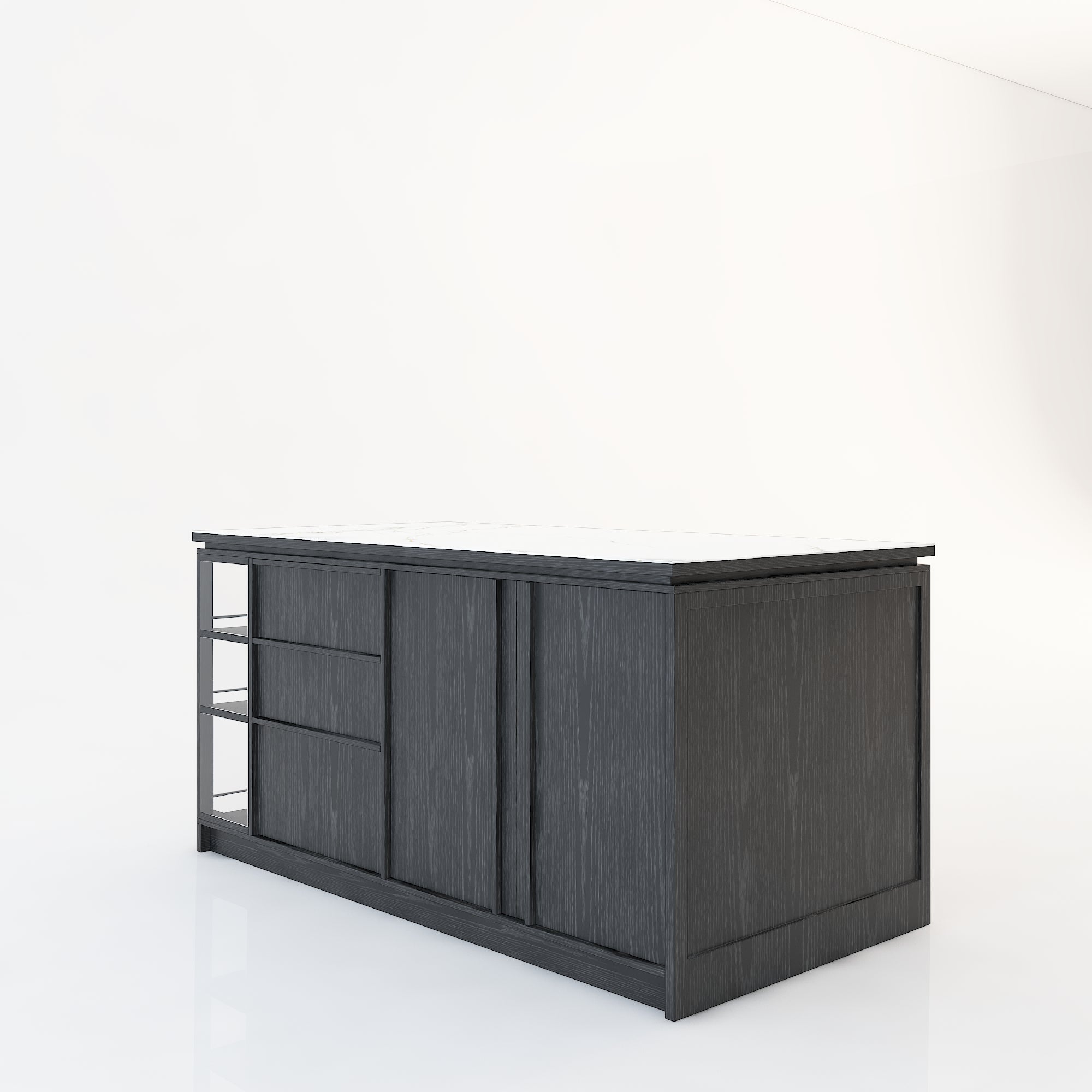 72'' Mid-Century Modern Kitchen Island with Storage, Drawers & Bar Seating – Walnut & Marble Look
