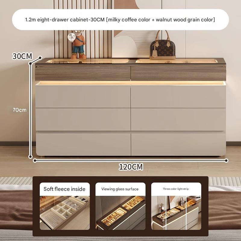47”-55"W Modern & Luxury Walk-in Closet Dresser – 6 Drawers & Jewelry Display with LED Sensor Light, Tempered Glass Top, Walnut Finish, Multiple Sizes