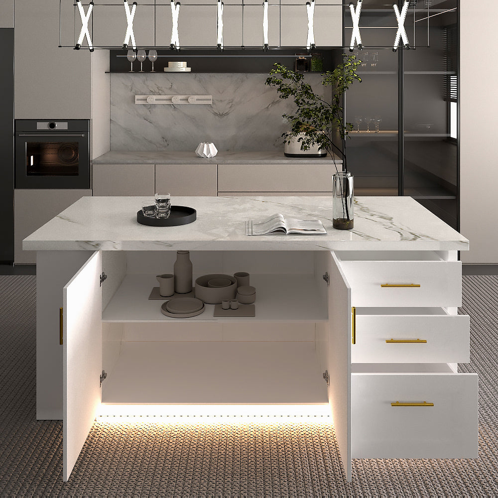 72 inch white Modern  Kitchen island with Cabinets ，Bar, Electrical Outlet and Light