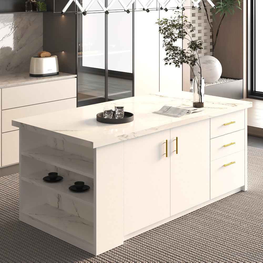 72 inch white Modern  Kitchen island with Cabinets ，Bar, Electrical Outlet and Light