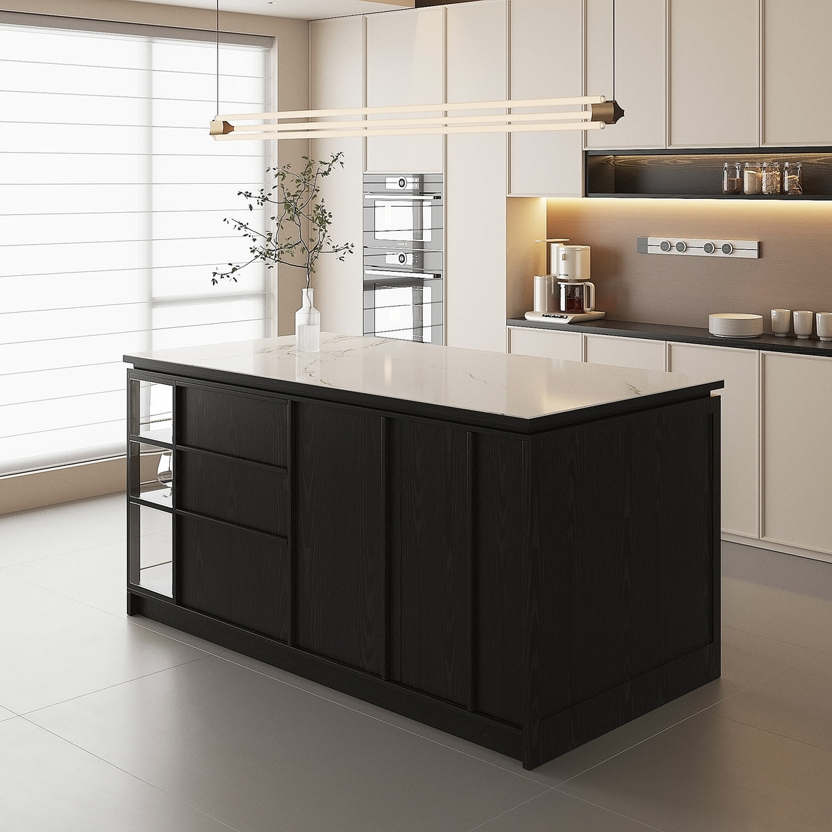 72'' Mid-Century Modern Kitchen Island with Storage, Drawers & Bar Seating – Walnut & Marble Look