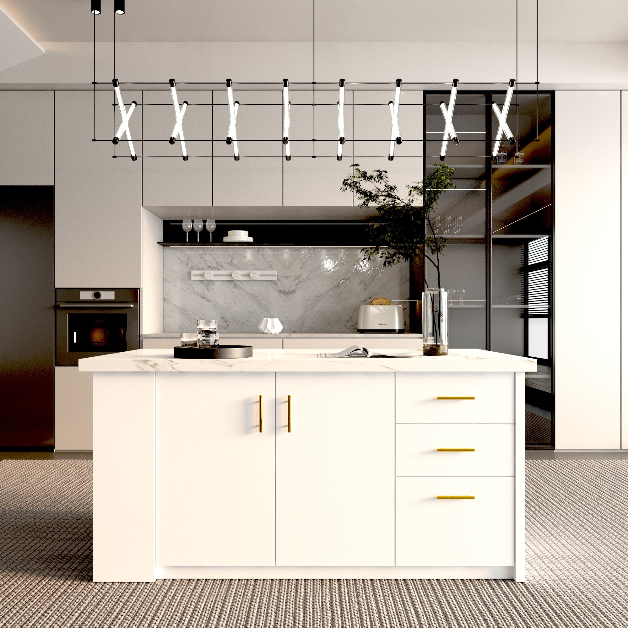 72 inch white Modern  Kitchen island with Cabinets ，Bar, Electrical Outlet and Light