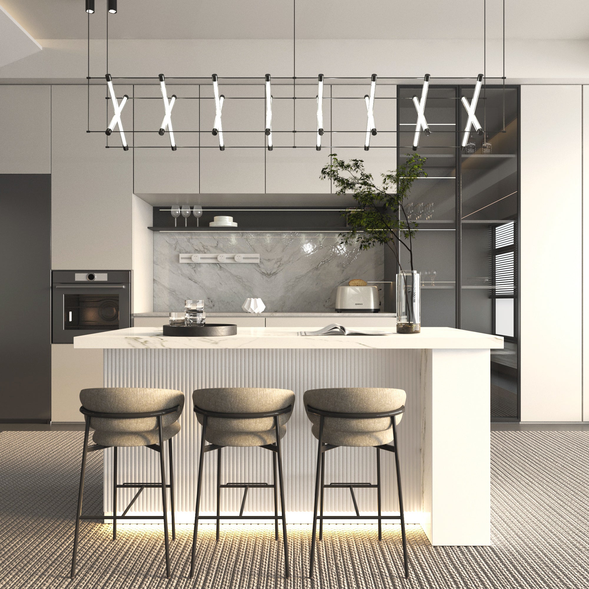 72 inch white Modern  Kitchen island with Cabinets ，Bar, Electrical Outlet and Light