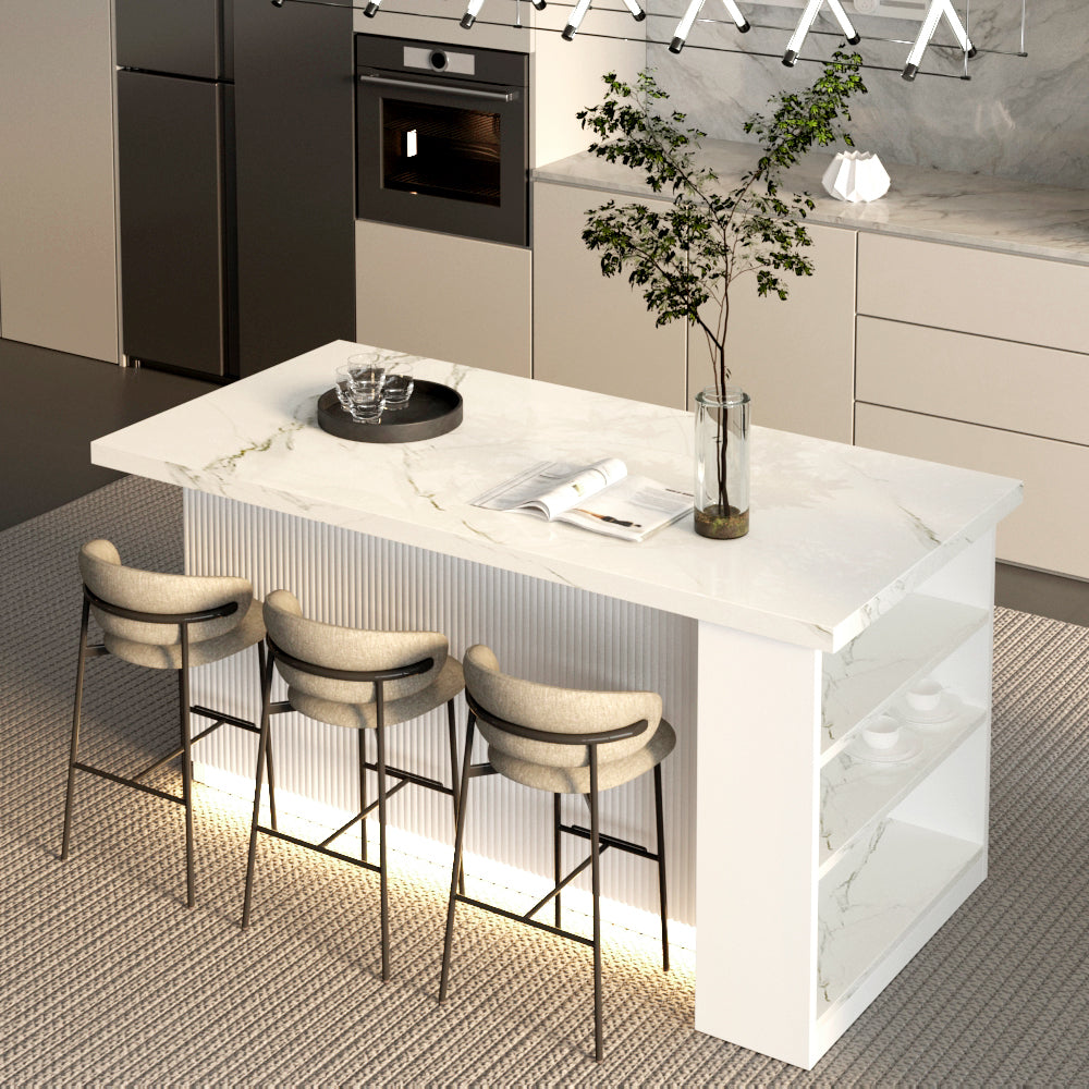 72 inch white Modern  Kitchen island with Cabinets ，Bar, Electrical Outlet and Light