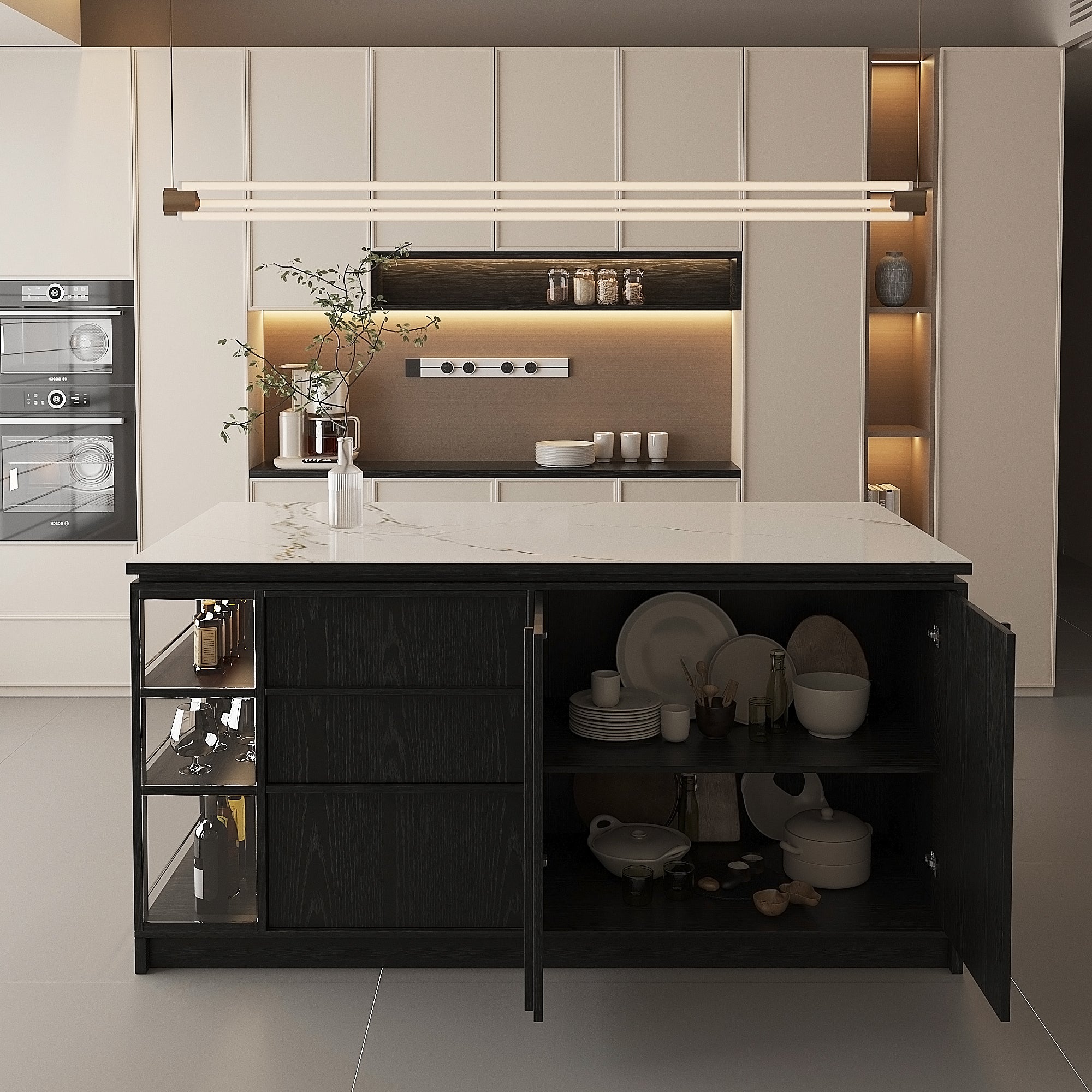 72'' Mid-Century Modern Kitchen Island with Storage, Drawers & Bar Seating – Walnut & Marble Look