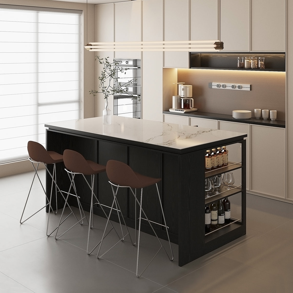 72'' Mid-Century Modern Kitchen Island with Storage, Drawers & Bar Seating – Walnut & Marble Look