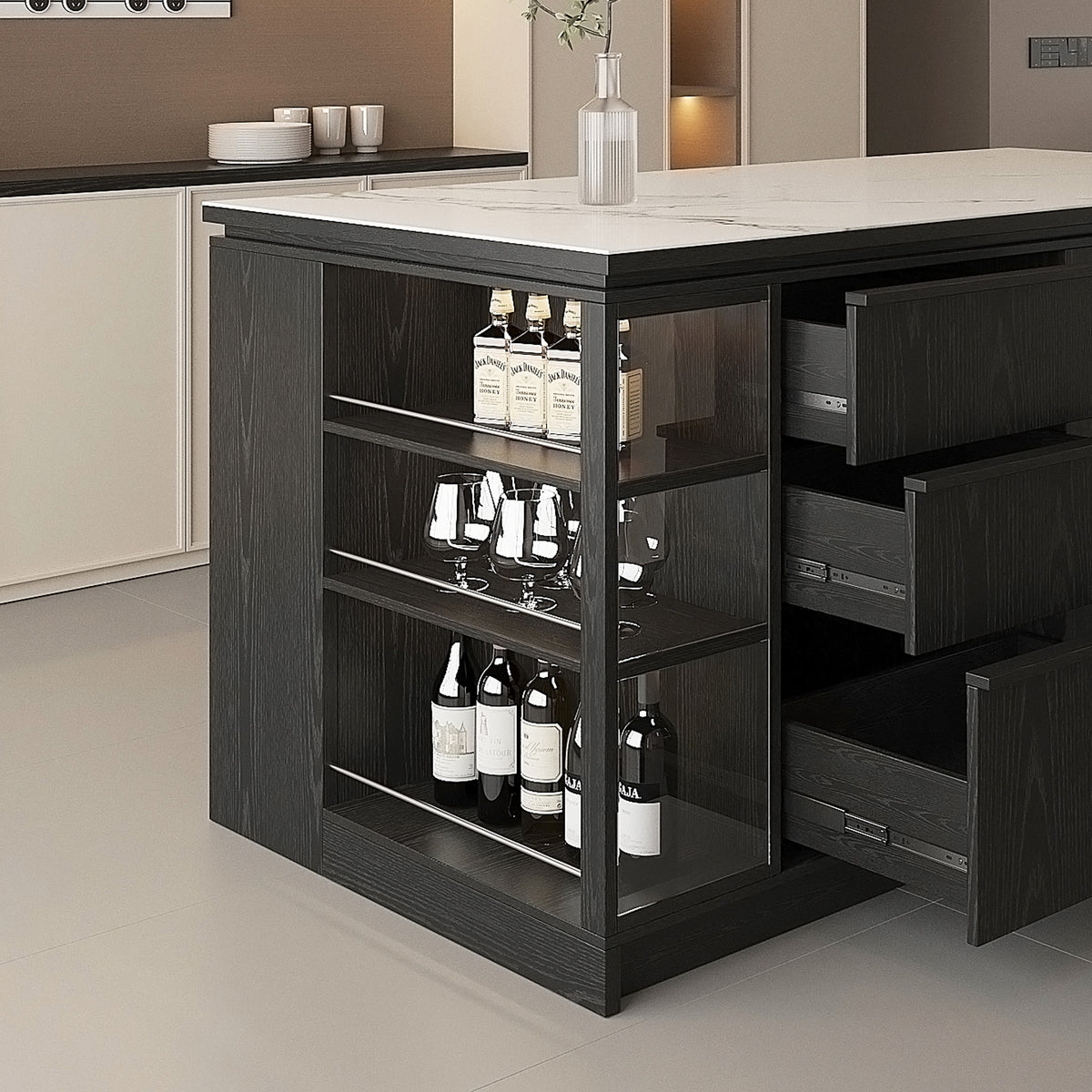 72'' Mid-Century Modern Kitchen Island with Storage, Drawers & Bar Seating – Walnut & Marble Look