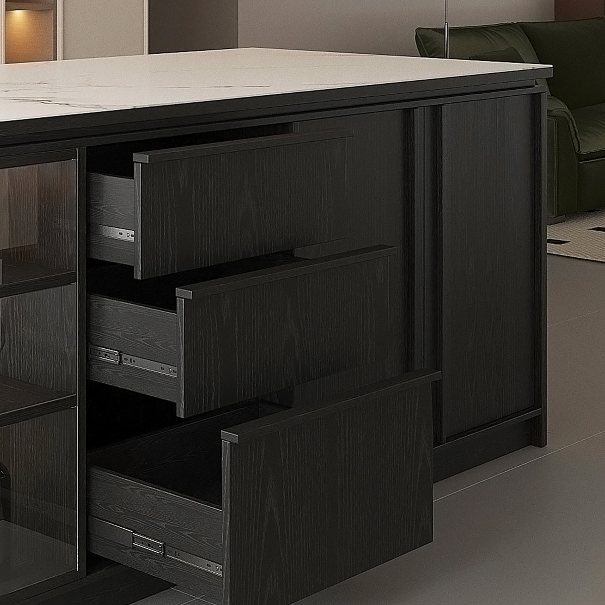 72'' Mid-Century Modern Kitchen Island with Storage, Drawers & Bar Seating – Walnut & Marble Look