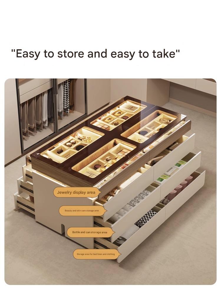 47”-55"W Modern & Luxury Walk-in Closet Dresser – 6 Drawers & Jewelry Display with LED Sensor Light, Tempered Glass Top, Walnut Finish, Multiple Sizes