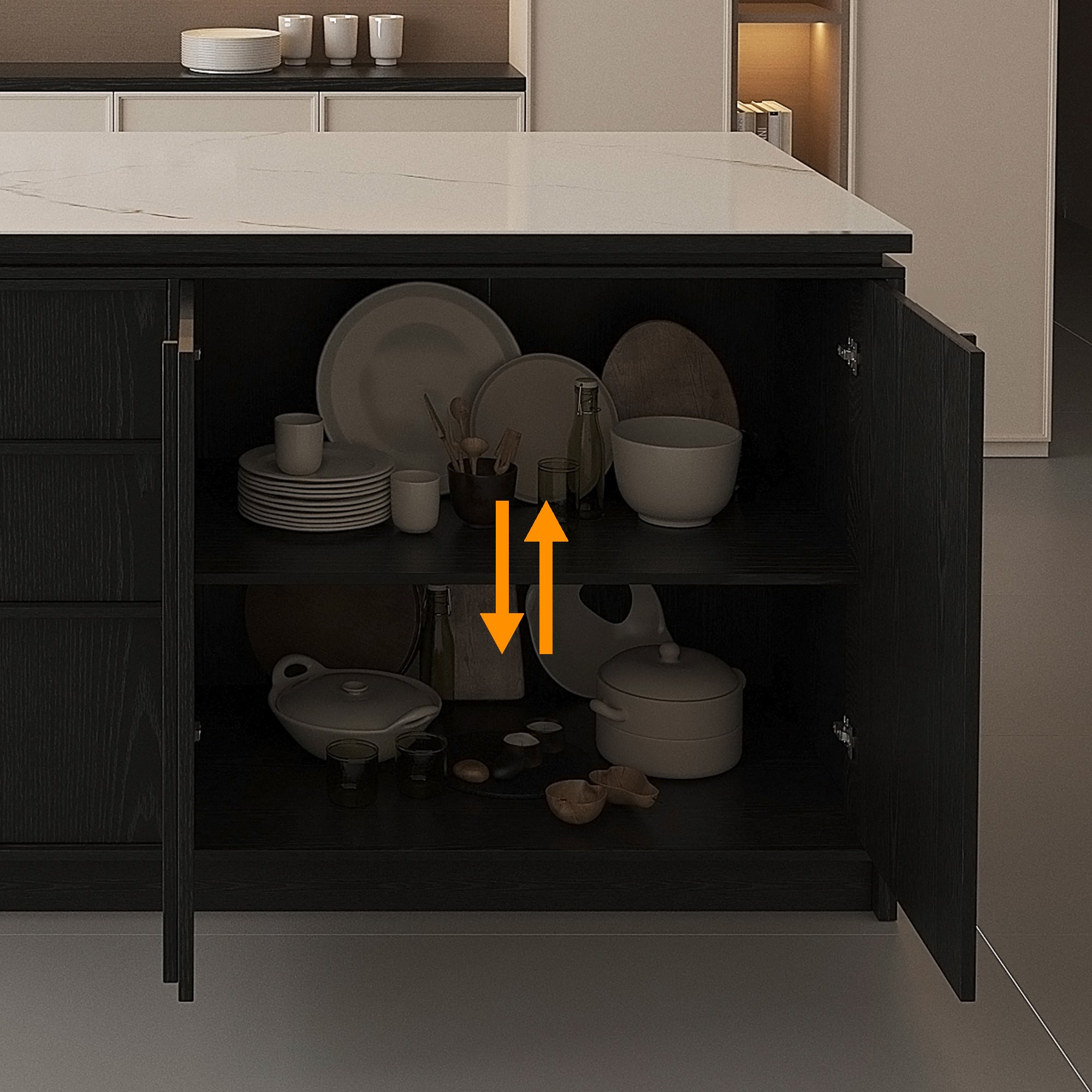 72'' Mid-Century Modern Kitchen Island with Storage, Drawers & Bar Seating – Walnut & Marble Look