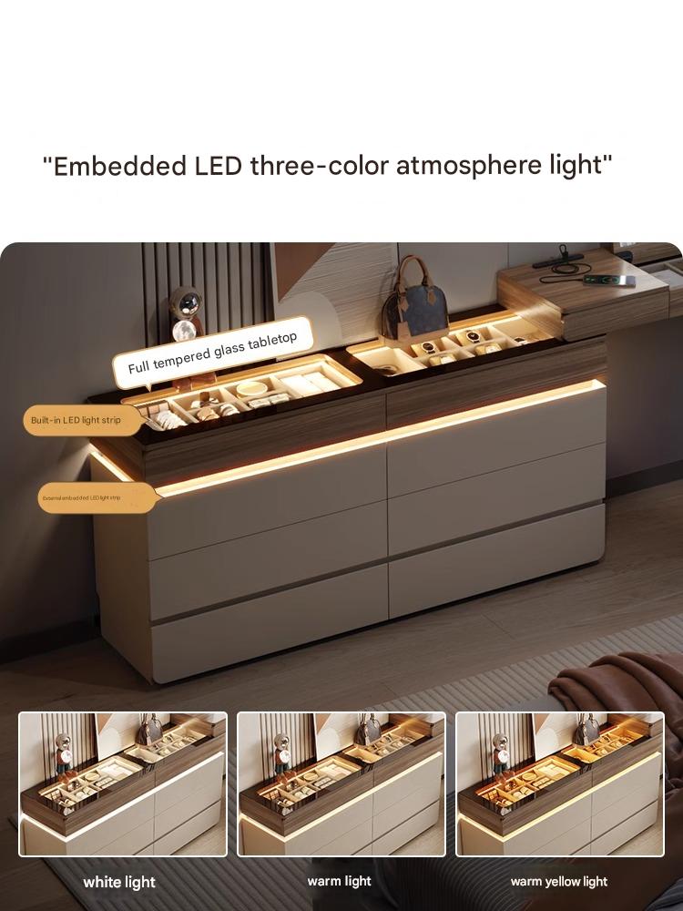 47”-55"W Modern & Luxury Walk-in Closet Dresser – 6 Drawers & Jewelry Display with LED Sensor Light, Tempered Glass Top, Walnut Finish, Multiple Sizes