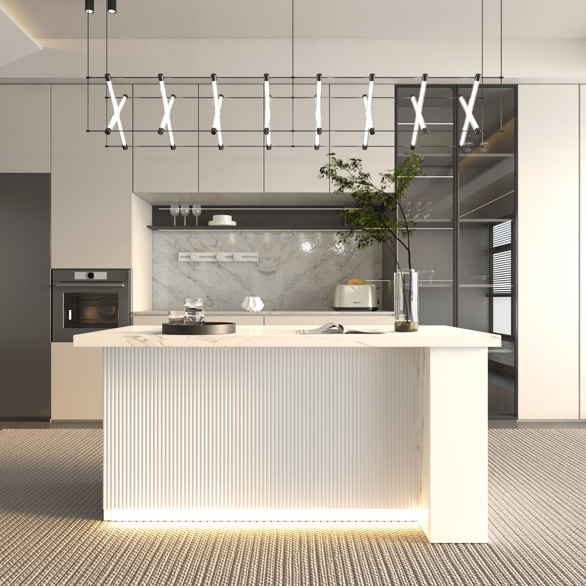 72 inch white Modern  Kitchen island with Cabinets ，Bar, Electrical Outlet and Light