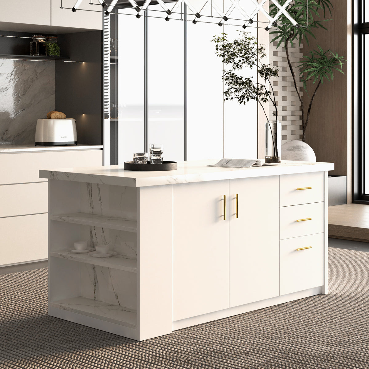 72 inch white Modern  Kitchen island with Cabinets ，Bar, Electrical Outlet and Light