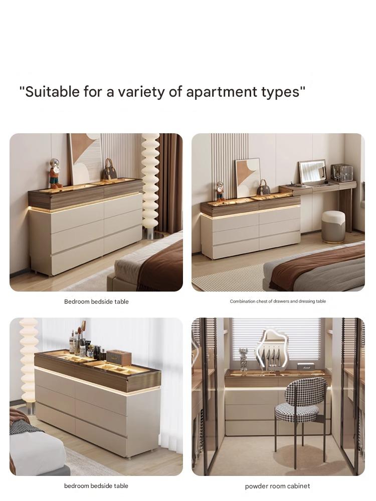 47”-55"W Modern & Luxury Walk-in Closet Dresser – 6 Drawers & Jewelry Display with LED Sensor Light, Tempered Glass Top, Walnut Finish, Multiple Sizes
