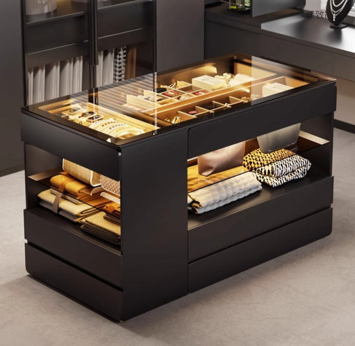 55" Glass Top Modern  Dresser Walk-in Closet Island with Jewelry Storage and Light