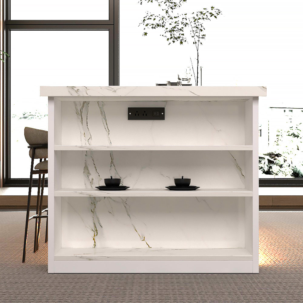 80 inch White Modern  Kitchen island with Cabinets ，Bar, Electrical Outlet and Light