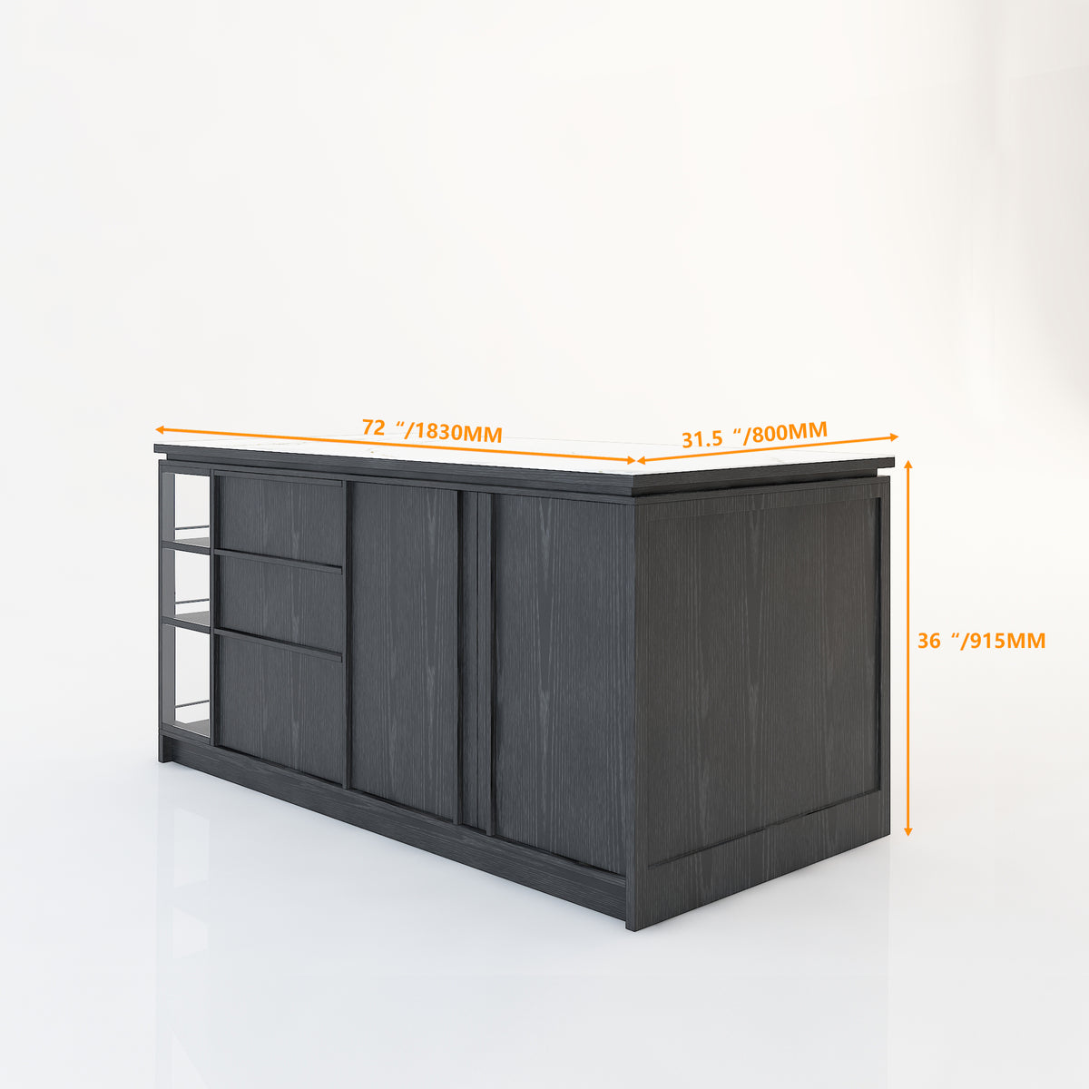 72'' Mid-Century Modern Kitchen Island with Storage, Drawers & Bar Seating – Walnut & Marble Look