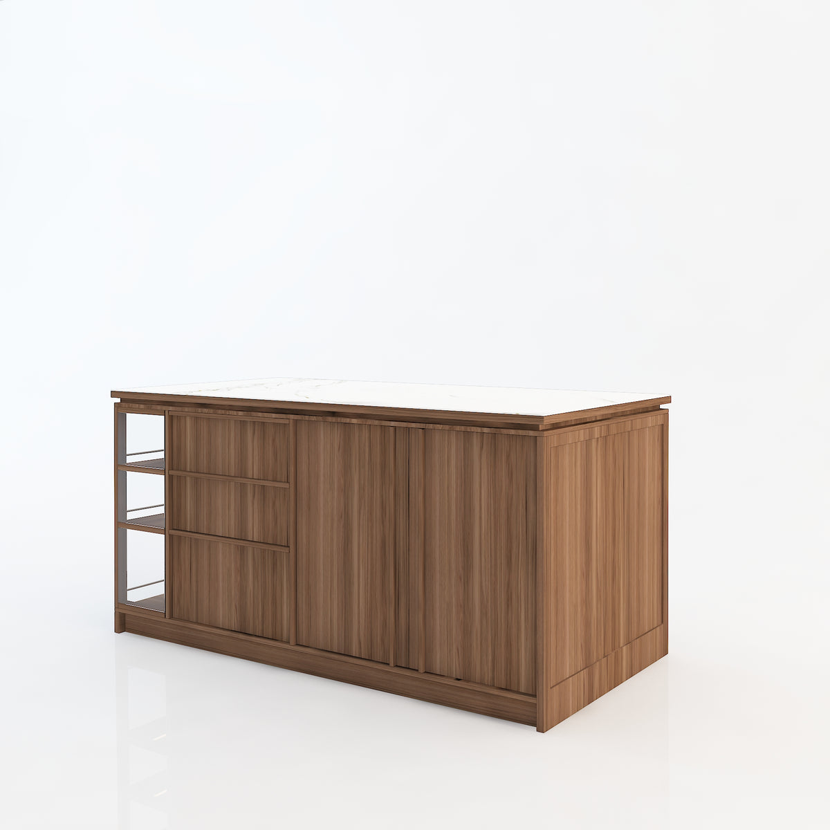 72'' Mid-Century Modern Kitchen Island with Storage, Drawers & Bar Seating – Walnut & Marble Look