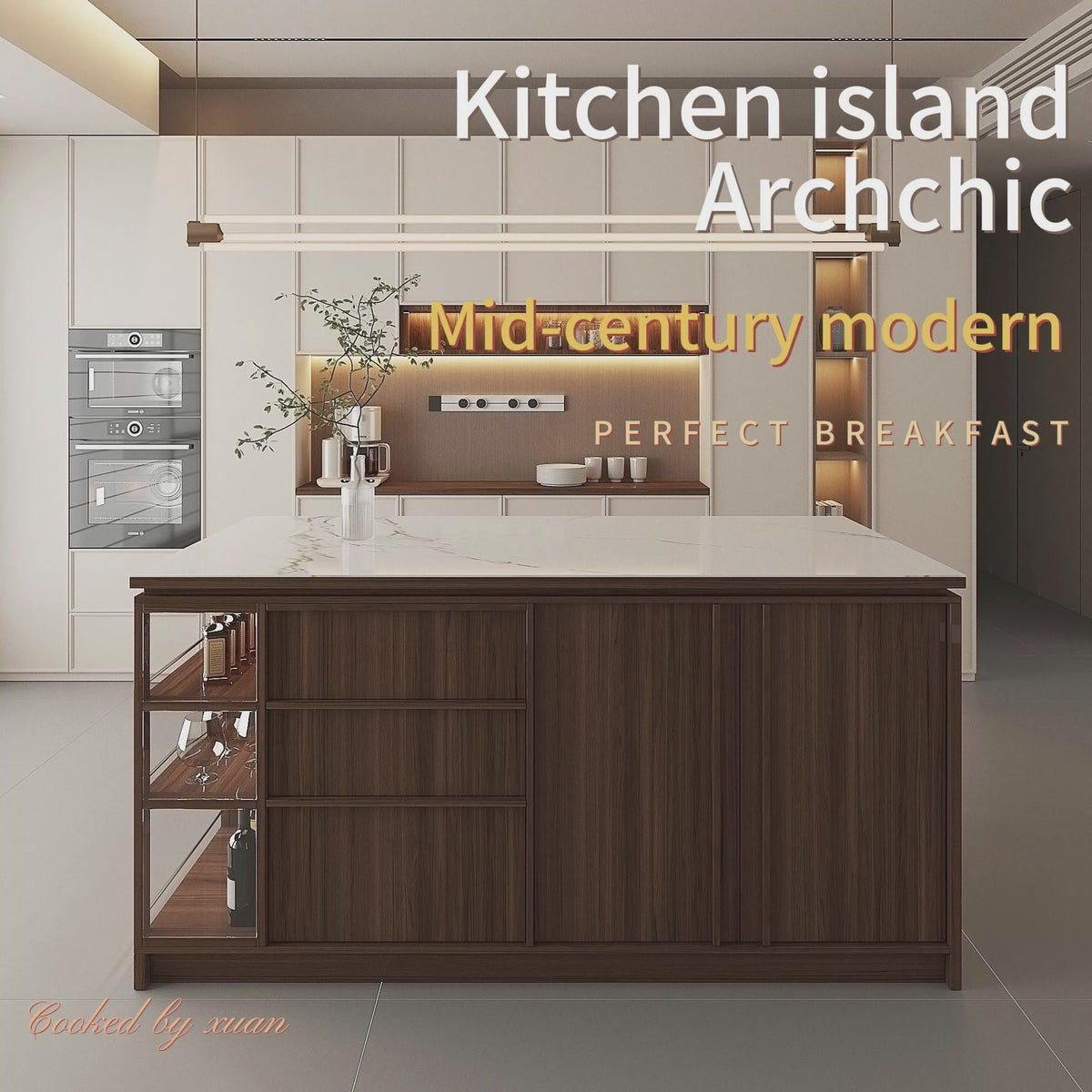 72'' Mid-Century Modern Kitchen Island with Storage, Drawers & Bar Seating – Walnut & Marble Look