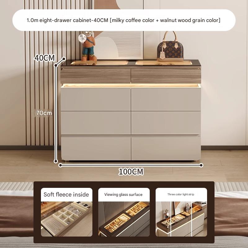 47”-55"W Modern & Luxury Walk-in Closet Dresser – 6 Drawers & Jewelry Display with LED Sensor Light, Tempered Glass Top, Walnut Finish, Multiple Sizes