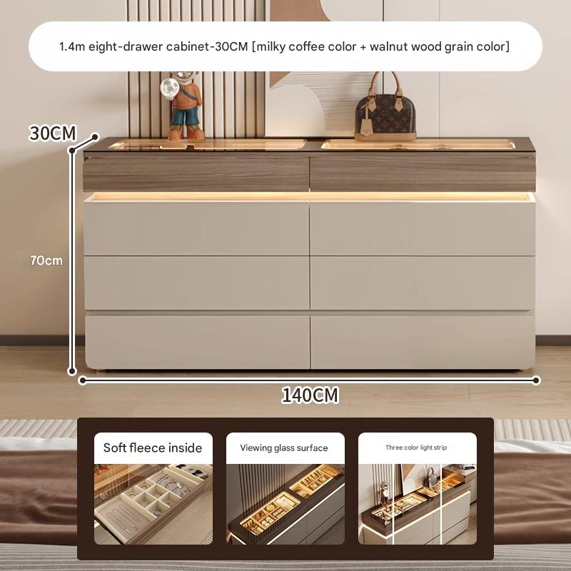 47”-55"W Modern & Luxury Walk-in Closet Dresser – 6 Drawers & Jewelry Display with LED Sensor Light, Tempered Glass Top, Walnut Finish, Multiple Sizes